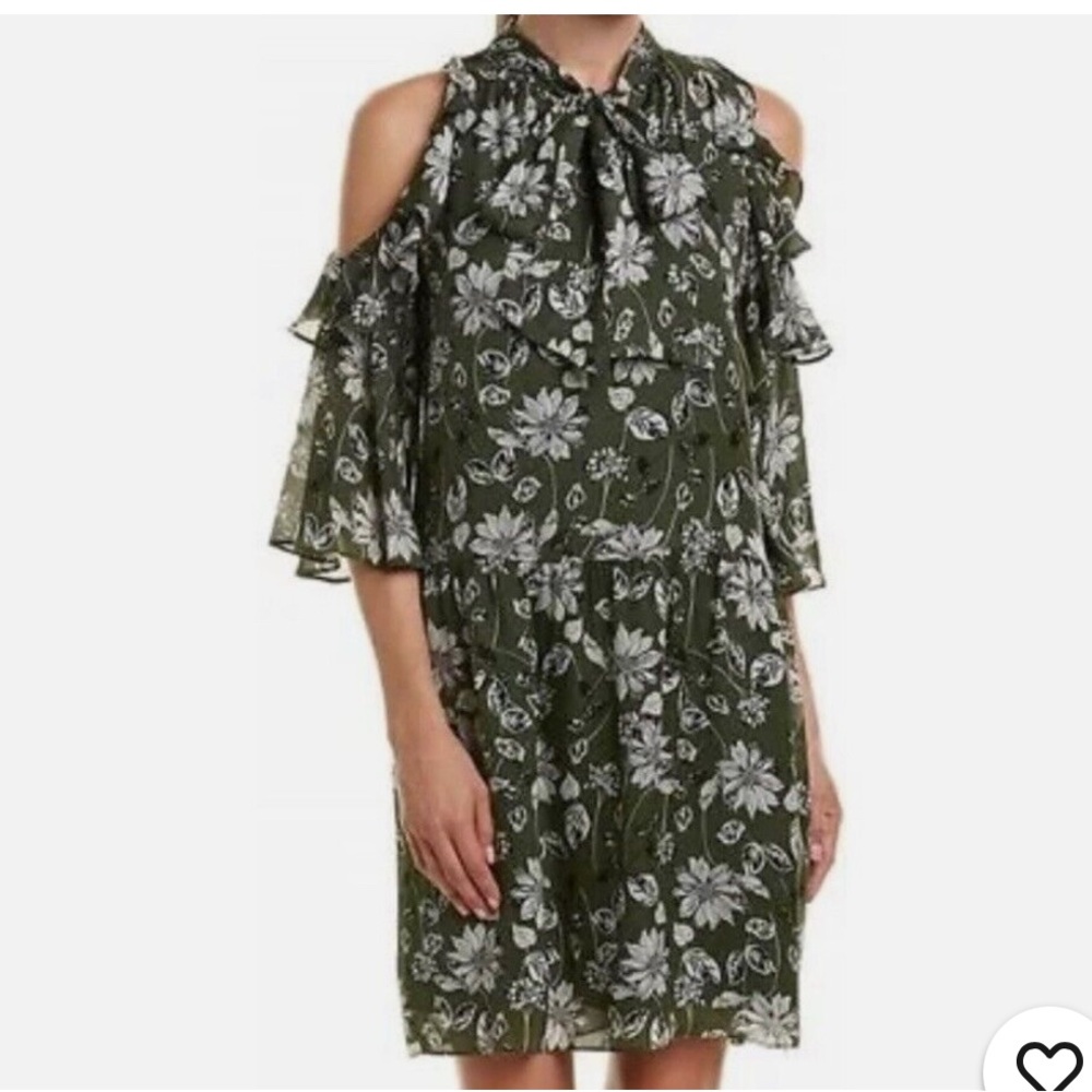 Shoshanna Fern Green Cold Shoulder Floral Print Silk Dress Size 6